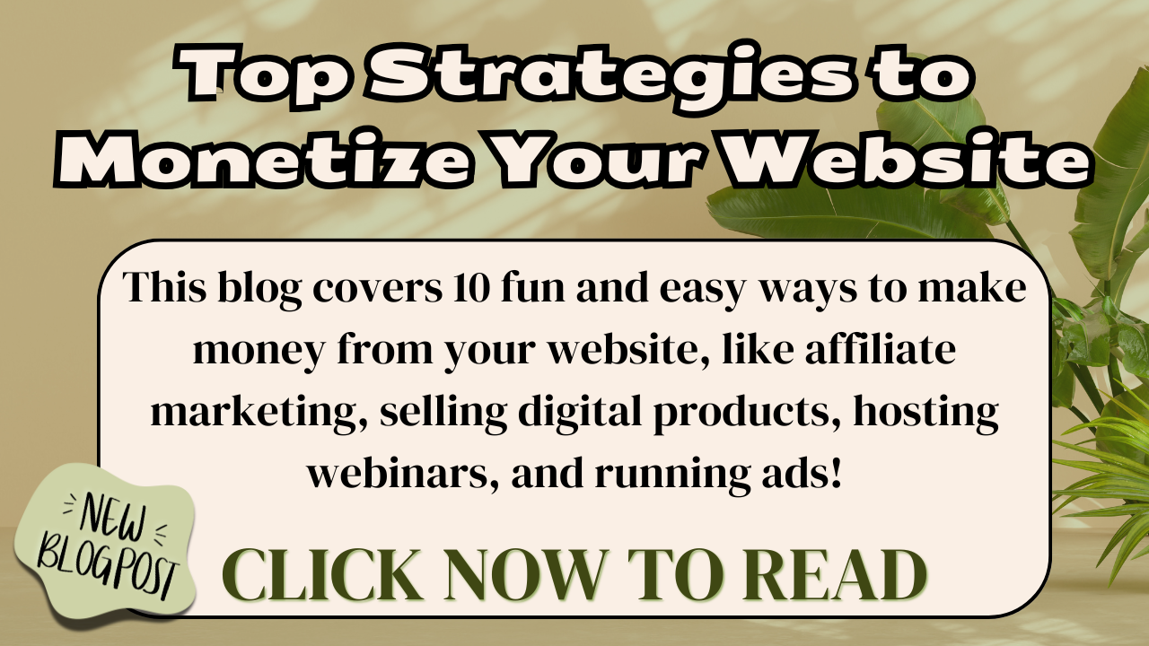 Blog post image titled "Top Strategies to Monetize Your Website," highlighting 10 fun and easy ways to make money online through affiliate marketing, selling digital products, hosting webinars, and running ads.