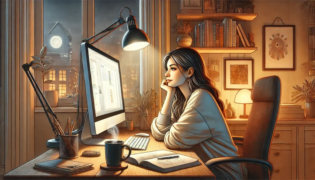 Woman sitting at a desk with a computer, brainstorming strategies to monetize her website, surrounded by books and cozy decor, emphasizing creativity and productivity.