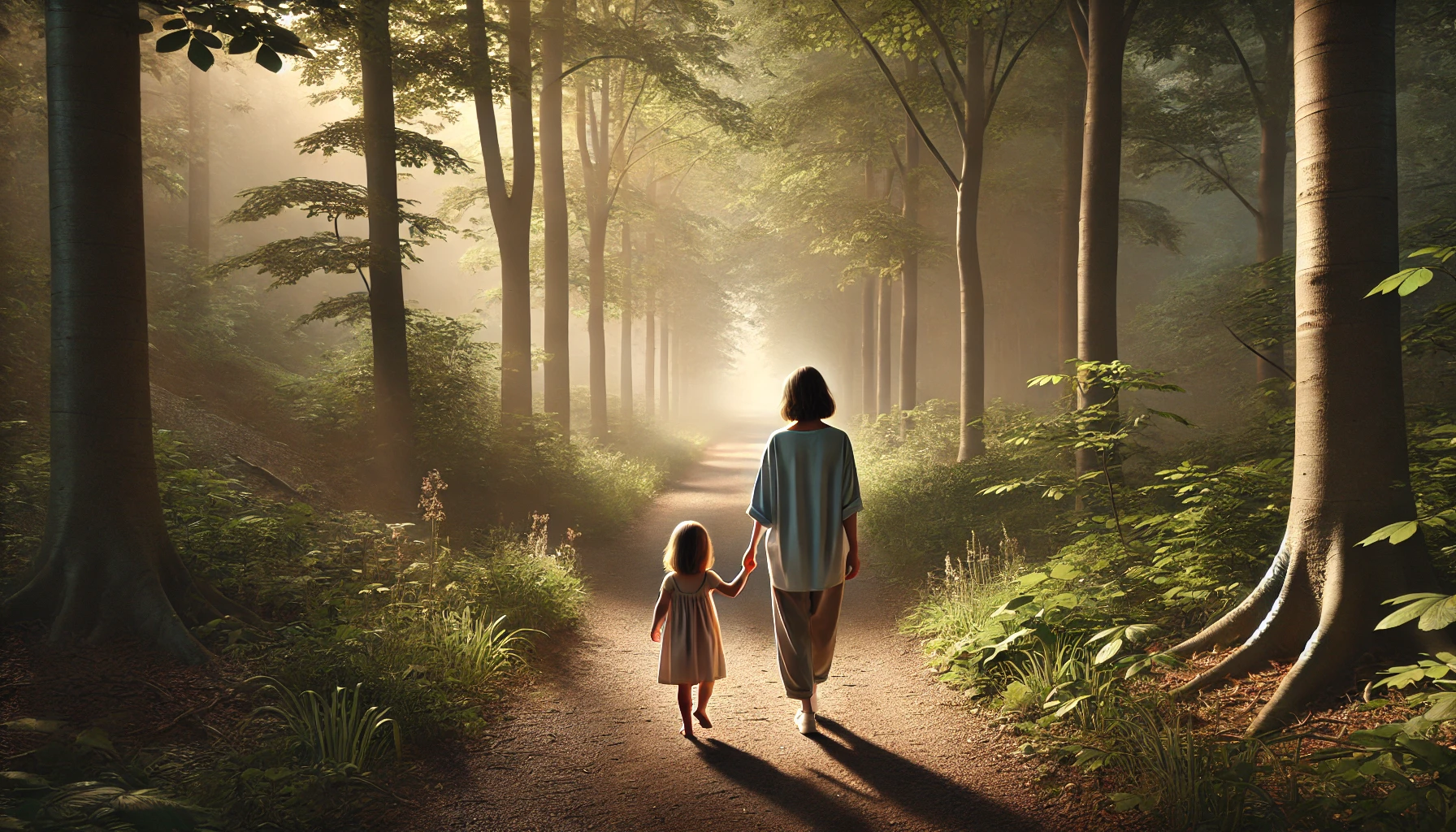 A mother and her young daughter walking hand in hand through a tranquil forest path, illuminated by soft sunlight filtering through the trees, representing freedom and time spent together thanks to a flexible digital lifestyle.