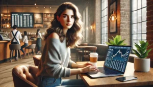 Young woman analyzing Wealthsimple investment data on her laptop in a cozy café setting.