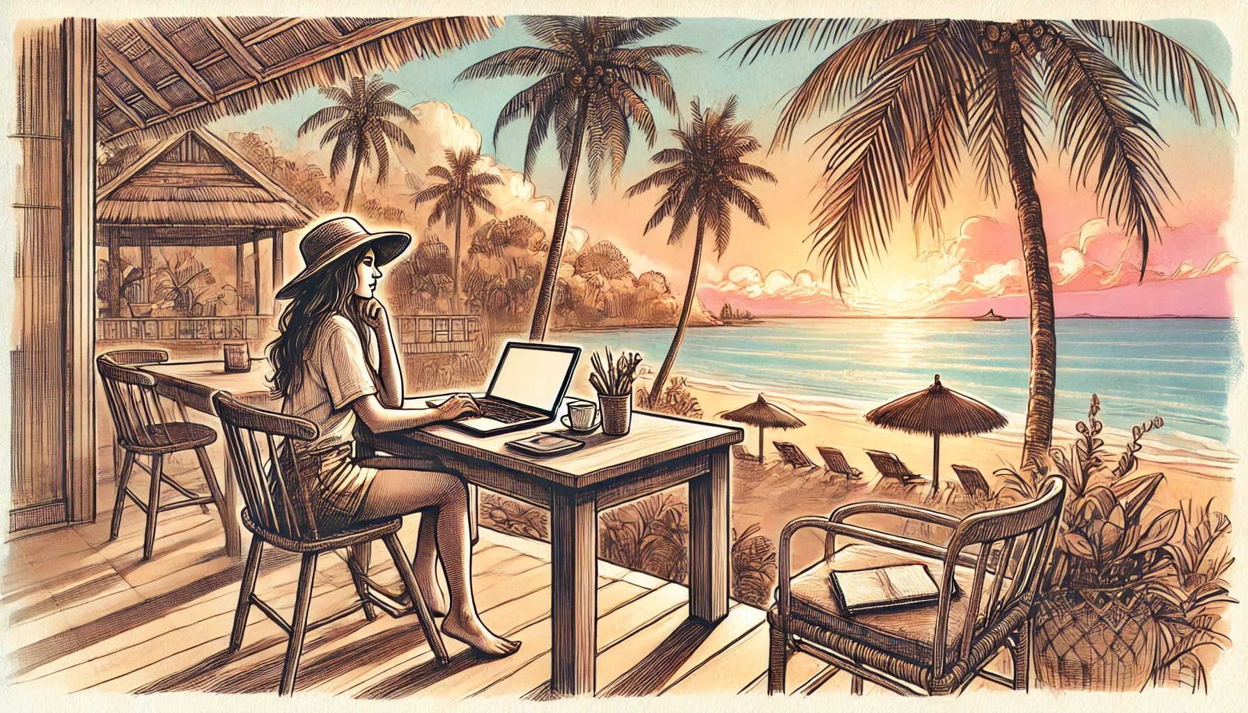 A woman working on a laptop at a tropical beachside setup, symbolizing the freedom and flexibility of running a digital download business from anywhere.