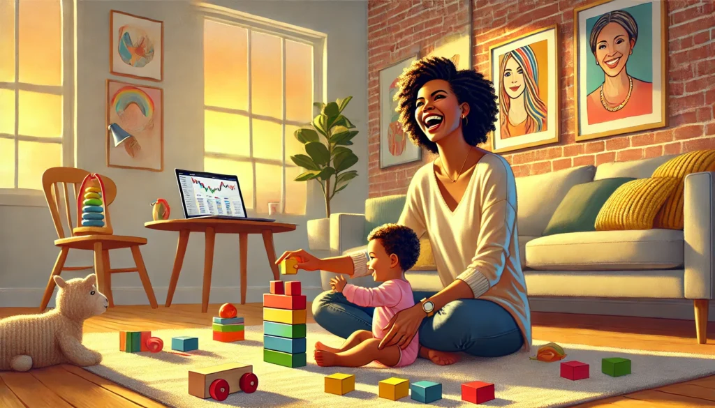 A smiling mom playing with her baby at home, with a laptop on the table displaying financial charts, representing investing and trading for beginners.