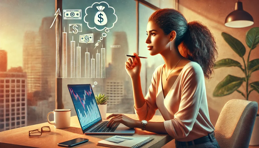 Focused woman at a desk using a laptop with financial charts, envisioning financial growth through investing and trading for beginners.